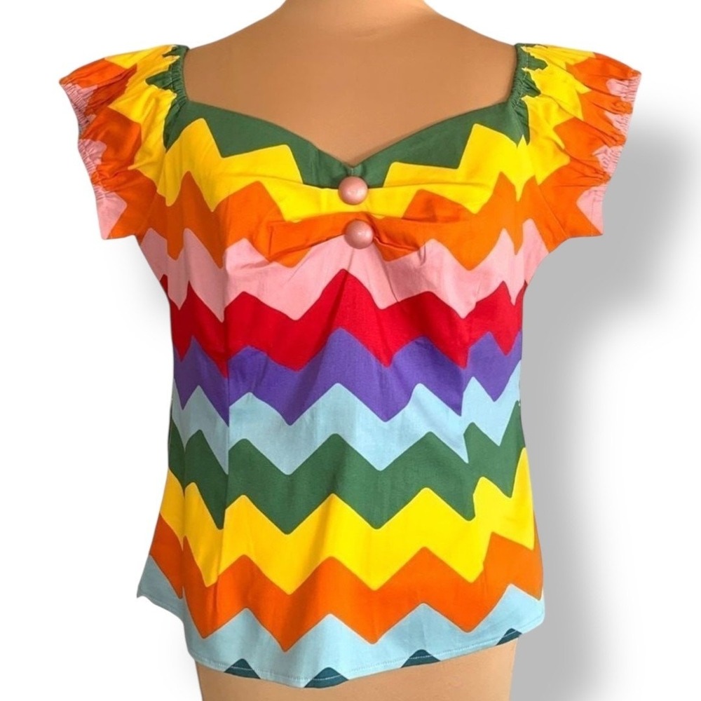 Collectif London Dolores Rainbow Chevron Top New Size 16 Retro Pinup Rockabilly